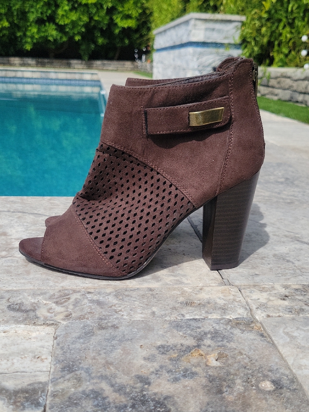 Open Toe Brown Zipper Back Mesh Top Suede Look Ankle boots With Heel 7.5